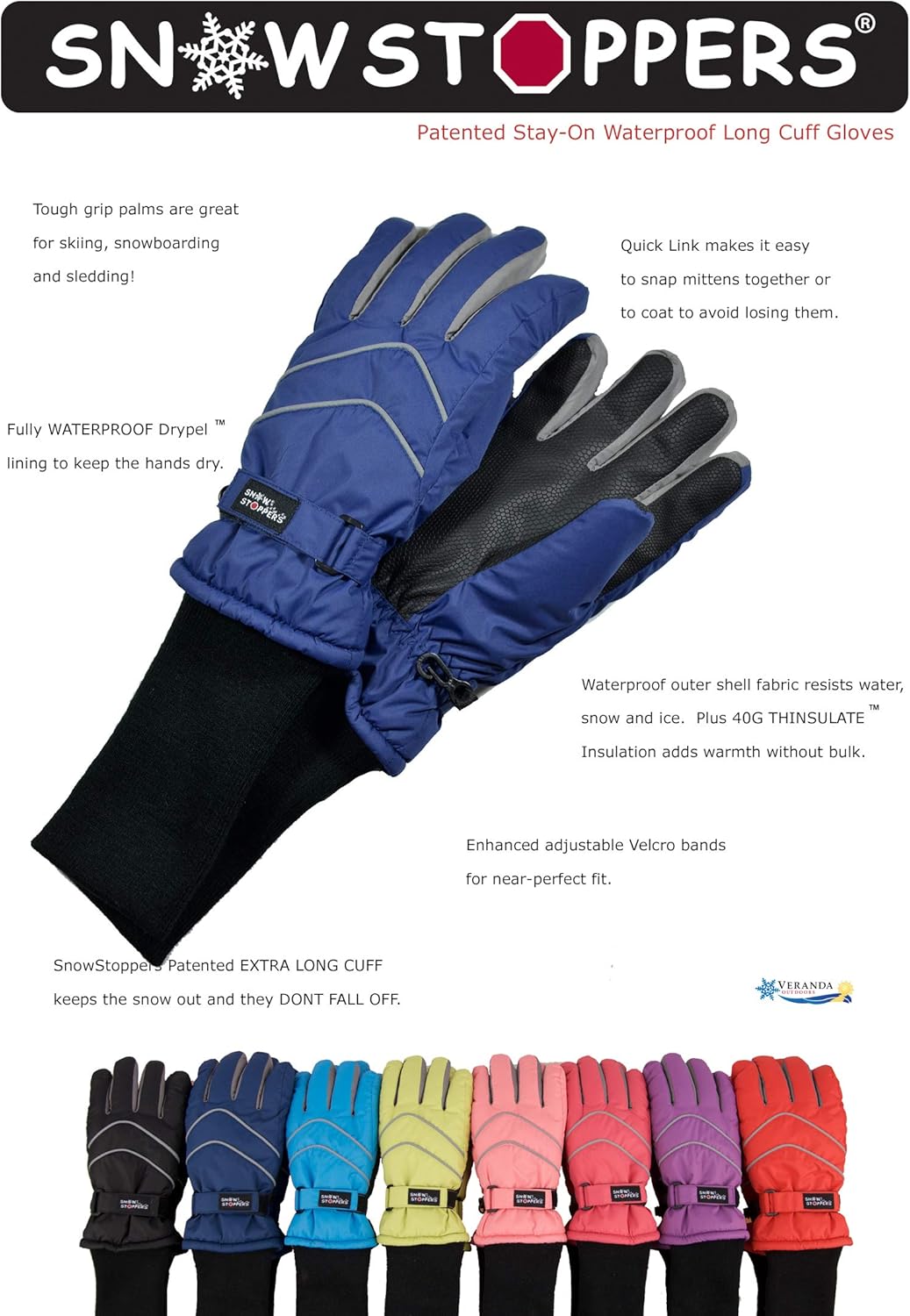 SnowStoppers Kids Waterproof Long Cuff Winter Gloves - Keep Cold Out Warm Inside