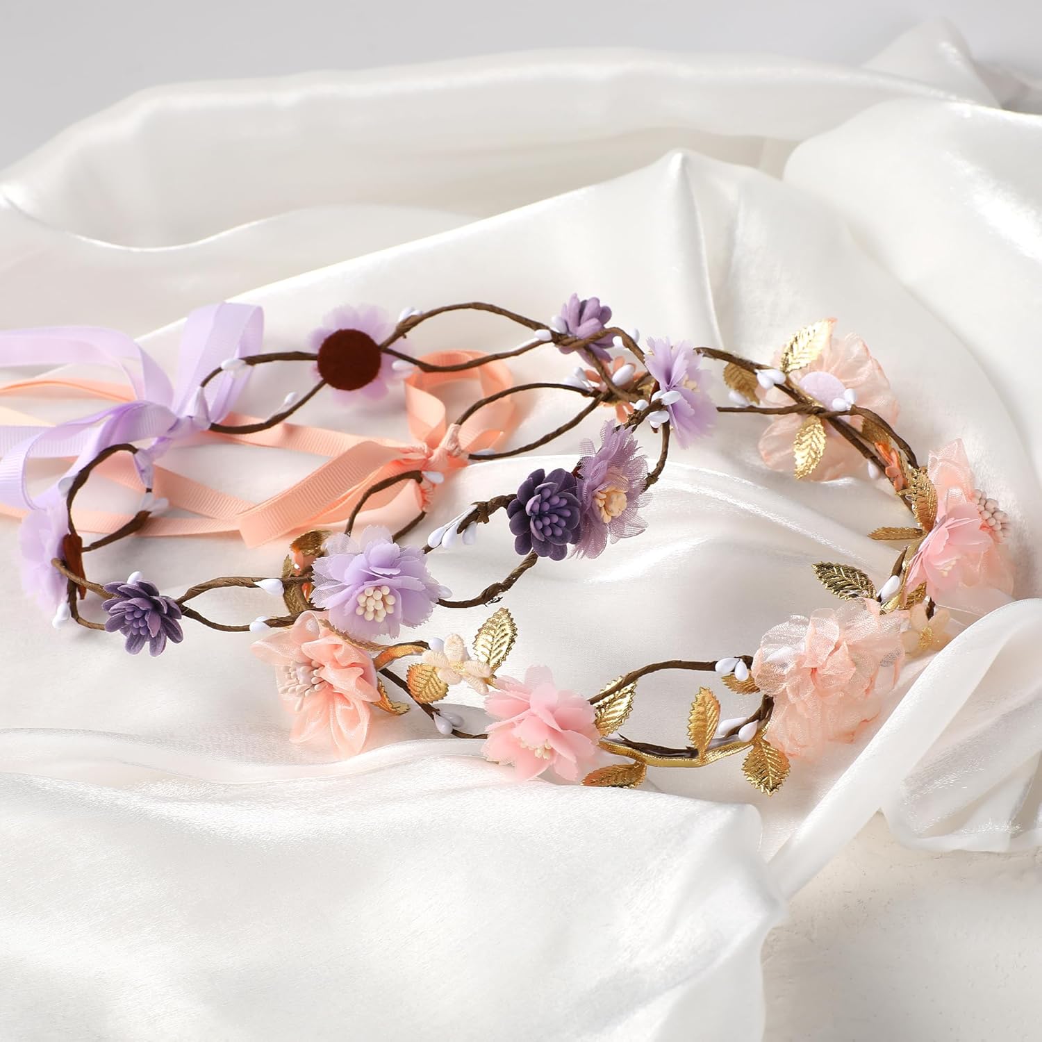 Adjustable Pink Flower Crown Headband for Women