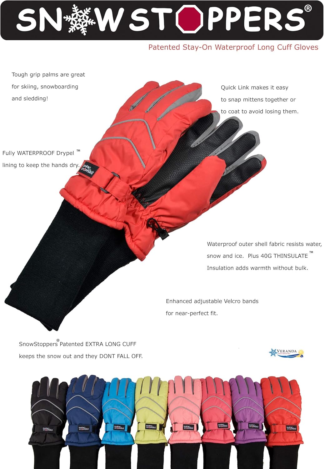 SnowStoppers Kids Waterproof Gloves Long Cuff Insulated and Waterproof for Cold Weather