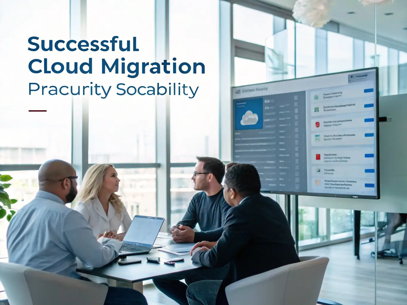 An image showcasing a successful cloud migration project, with data flowing seamlessly between servers and devices, symbolizing improved data security and operational efficiency.