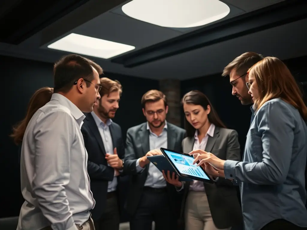 An image depicting a team of consultants discussing technology strategies with a client in a modern office setting, emphasizing collaboration and strategic planning.