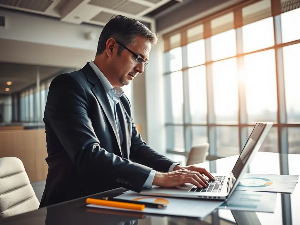 A consultant in a modern office setting, analyzing data on a large screen with charts and graphs, representing technology strategy consulting.