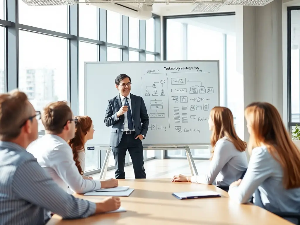 A consultant presenting a cloud migration plan to a client, using a whiteboard to illustrate the process and benefits.